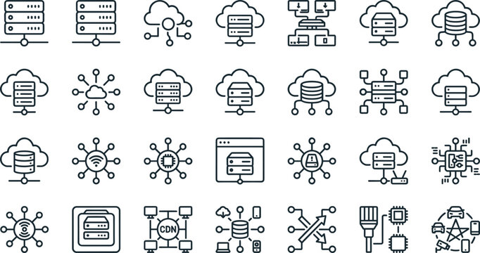 Cloud Computing Server Infrastructure and Network Technology Vector Icon Set Collection