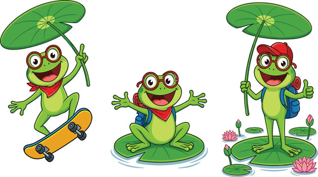 Cute Adventure Frog Cartoon Character Poses &ndash; Skating, Lily Pad, and Hiking