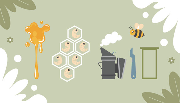 Educational visual showcases honey bee, bee larvae in honeycomb, honey spill, smoker, and hive frame.