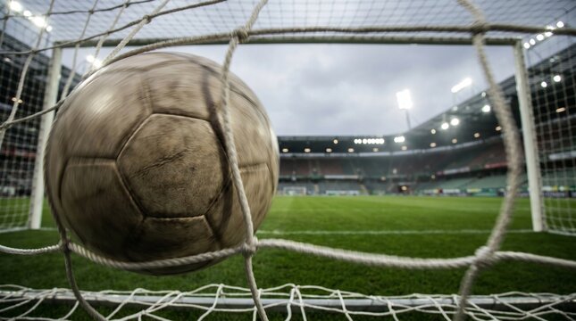 Worn leather soccer ball hitting the white mesh netting inside a large professional stadium during a cloudy evening match game
