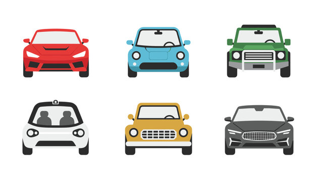 Front view collection of six colorful modern and vintage cars in a grid layout on a plain white background.
