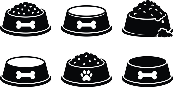 Dog food bowl set, full and empty pet dish with bone and paw print, essential pet care collection.