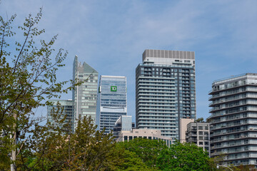 Naklejka premium View of the TD Terrace office building surrounded by modern skyscrapers in downtown Toronto, showcasing contemporary commercial architecture in the city's financial district, May 2026