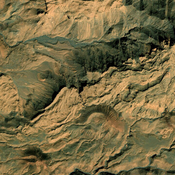 High resolution satellite map - Aerial view featuring mountains covered in lush green forests blending into flatter