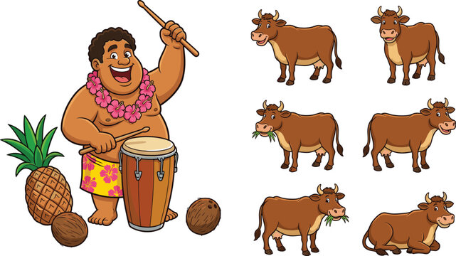 Cartoon Tropical Drummer Man and Cute Brown Cow Characters Set &mdash; Hawaiian Style with Pineapple and Coconut