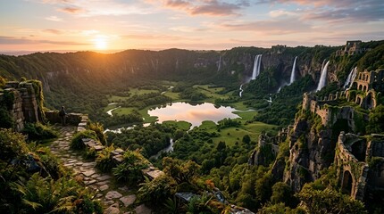 Tropical crater landscape with lush jungle ruins and waterfalls.