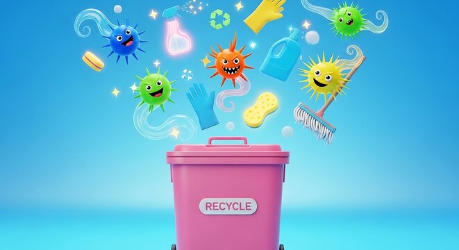 Colorful recycling bin with smiling germs.