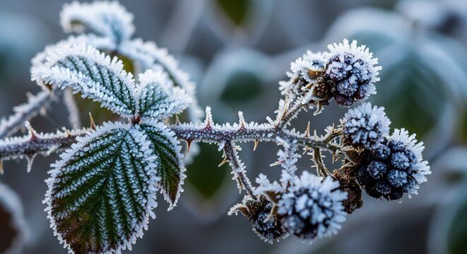 Close up of frosted blackberries and leaves on a thorny branch in winter