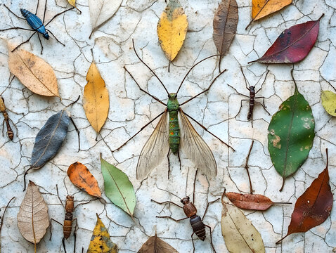 Detailed flat lay of diverse insects and colorful autumn leaves meticulously arranged on a cracked textured background