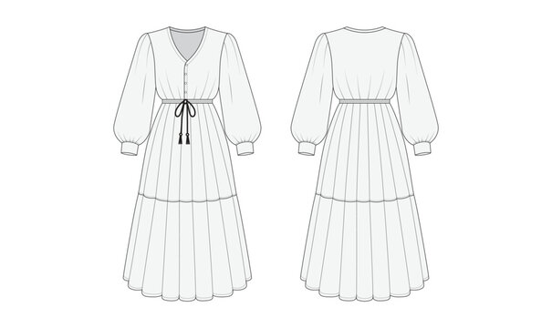 Ladis long sleeve maxi dress fashion sketch front and back view fashion flat vector drawing illustration template