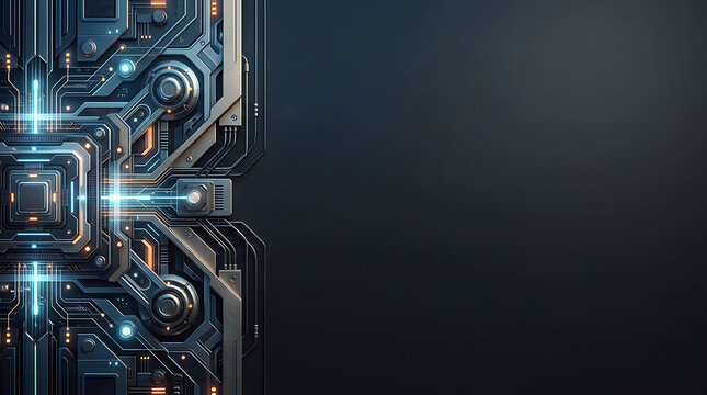 Futuristic electronic circuit board with glowing blue data nodes
