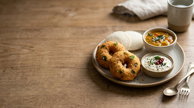 South indian breakfast with idli vada sambar and chutney