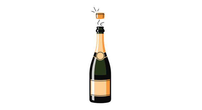 Celebration champagne bottle with its cork popping out and a light foam spray isolated on a white background for festive parties and events.
