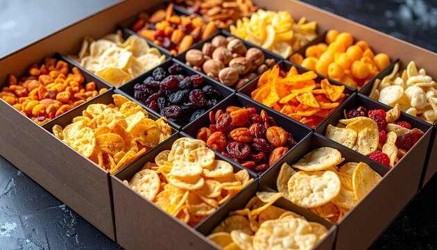 Assorted snacks in cardboard box.