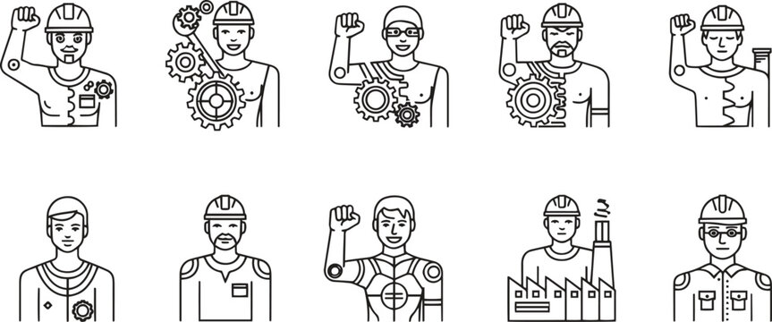 Industrial Factory Worker Labor and Smart Robot Automation Linear Vector Icon Set