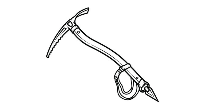 Hand drawn sketch of a mountaineering ice pick tool used for climbing and glacier travel on a plain white background for sports.