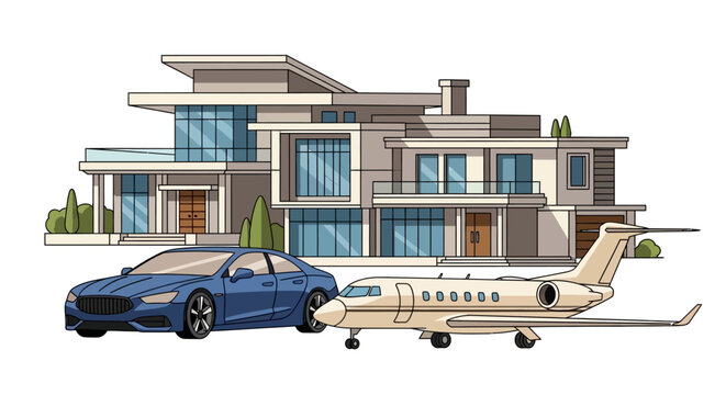 Modern Luxury Mansion with Private Jet and Sedan Vector Illustration
