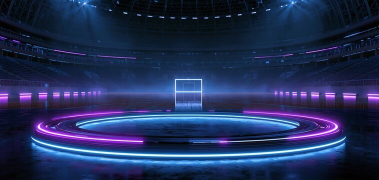 Futuristic neon sports arena with glowing circular platform