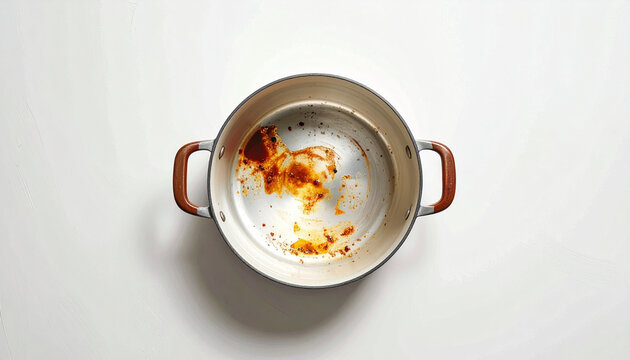 Empty cooking pot with food residue on white background isolated