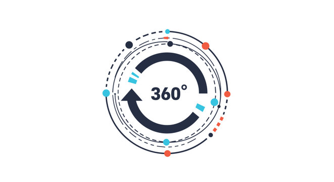 Modern graphic icon for 360 degree rotation featuring circular arrows and colorful dots representing virtual tours and interactive panoramic views.