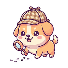 Obraz premium Cute Cartoon Puppy Detective Investigating Paw Prints with Magnifying Glass Adorable K9 Investigator Illustration