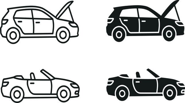 Car Maintenance and Convertible Auto Vector Icon Set Featuring Open Hood Breakdown Symbols and Roadster Silhouettes for Repair Shop Mobile Apps