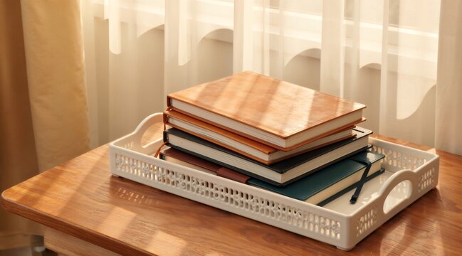 Stack of notebooks in tray on wooden table