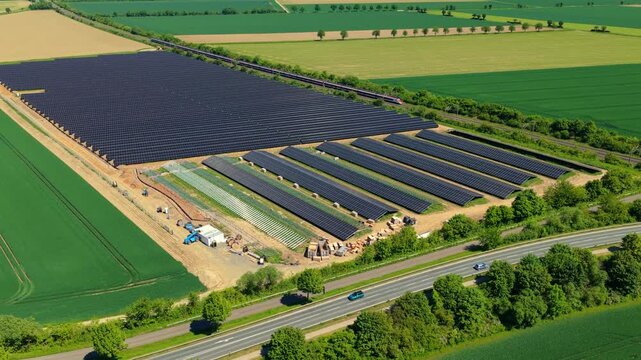 Solar Farm Aerial Zoom In Panels Installation Green Landscape