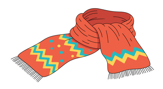 Cozy winter scarf with a red main color and a blue and yellow chevron pattern isolated on a white background for cold weather concepts.