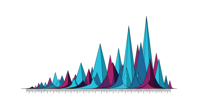 Abstract three-dimensional statistical chart featuring numerous sharp peaks of varying heights in shades of blue, purple, and pink.