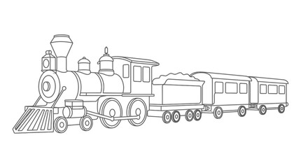 Classic steam locomotive pulling passenger cars outline drawing. © Tisa