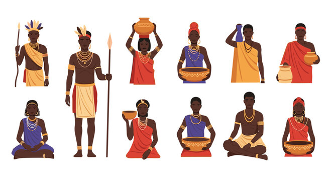 Diverse collection of African tribal men and women in traditional clothing carrying pots, spears, and bowls in various poses.