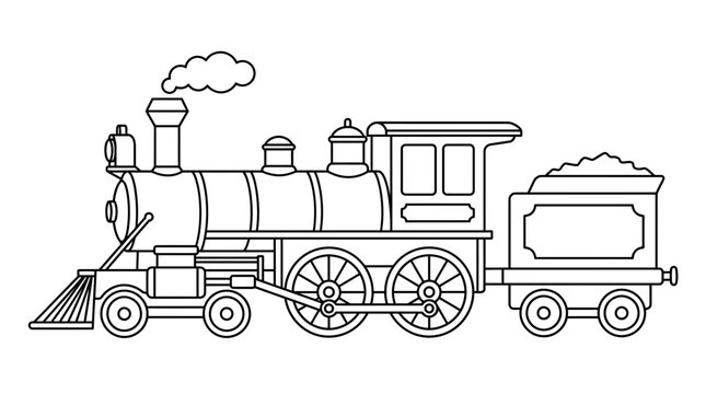 Classic steam locomotive train line art illustration.