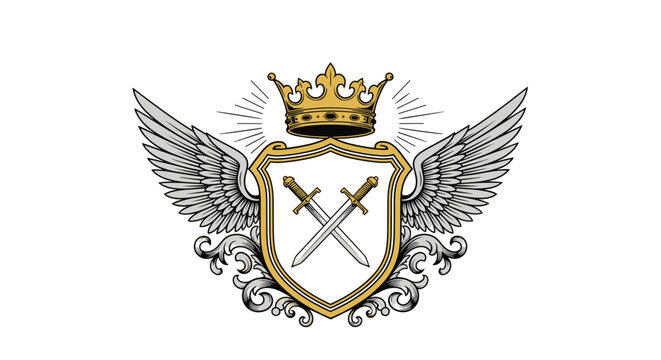 Majestic heraldic crest featuring a golden crown atop a shield with crossed swords flanked by large spread eagle wings.