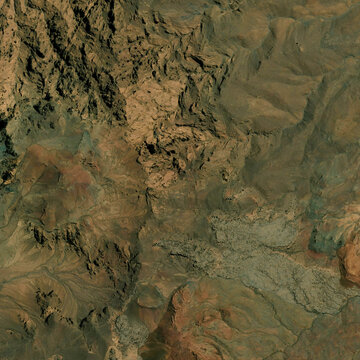 High resolution satellite map - Aerial view featuring mountains covered in lush green forests blending into flatter