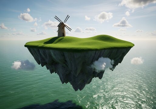 Floating grassy island with a traditional wooden windmill above the ocean water