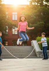 Obraz premium Happy Asian Girl Jumping Rope with Friends in Schoolyard at Sunset, Active Kids Playing Outdoors, Childhood Joy and Fitness