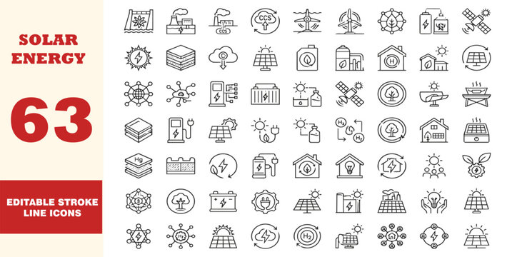 A collection of 63 line icons representing solar energy concepts, with an editable stroke and a white background.