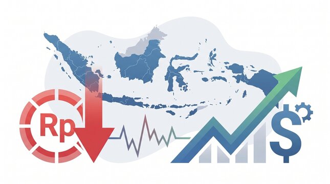 Indonesian economy illustration showing rupiah currency depreciation against us dollar with rising exchange rate market graph