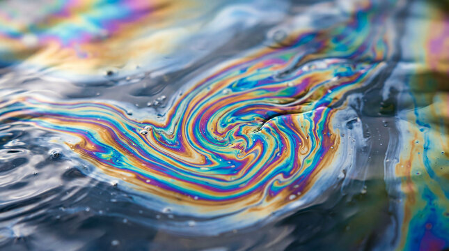 Oil slick swirl pattern on water surface showing iridescent rainbow colors and fluid motion