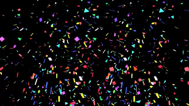 Colorful paper confetti explosion from two sides on black background with bright rainbow party streamers for creative video overlay
