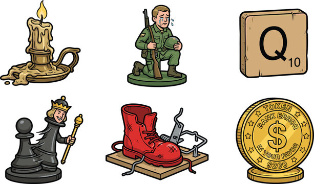 Diverse Conceptual Object Icon Set Featuring Candle Soldier Tile Scrabble Chess Piece Boot Trap and Bank Error Coin Vector for Games and Media Graphic Designs