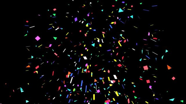 Colorful paper confetti falling explosion loop on black background with bright rainbow party streamers for festive video overlay