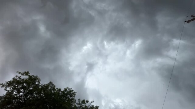 Low angle view of fast moving thunderstorm clouds with lightning and sound prior to a tornado outbreak in the American Midwest