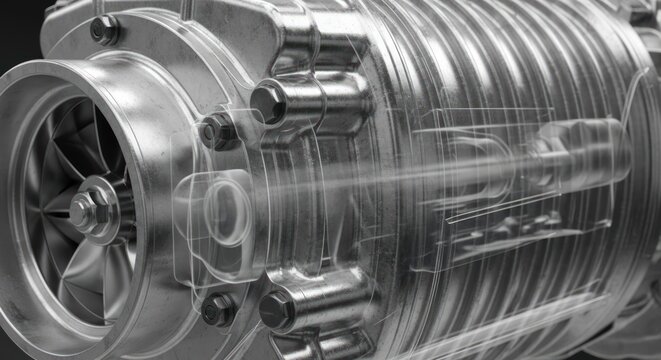 Close-up of a polished chrome supercharger for a car engine.