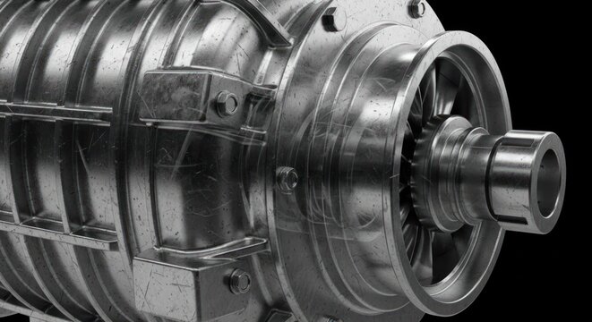 Close-up of a polished metal supercharger engine component against a black background.