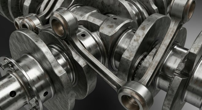 Close-up of a polished metal engine crankshaft with connecting rods.
