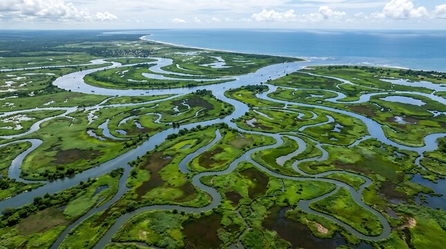 Aerial view of winding rivers and lush greenery meeting the ocean under.