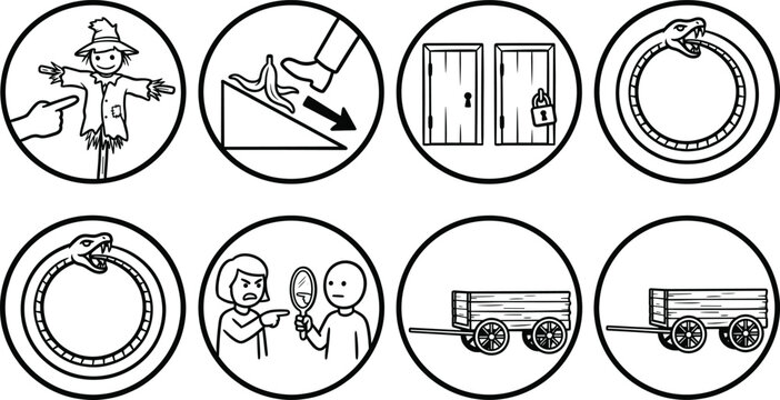 Logical Fallacy and Philosophy Concept Circular Badge Line Icon Set with Strawman Slippery Slope Circular Reasoning and Wagon Symbols for Education