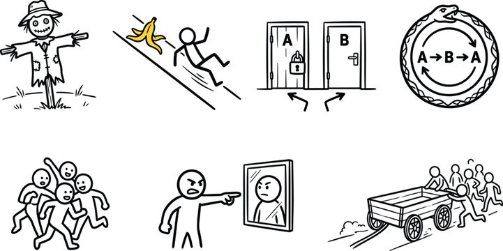 Logical Fallacy and Philosophy Concept Line Icon Set with Strawman Slippery Slope Circular Reasoning and Bandwagon Symbols for Educational Graphic Designs
